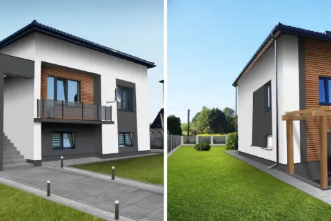 Nowoczesna elewacja starego domu z drewnianymi elementami i balkonem.