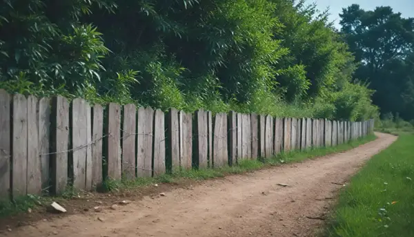 Drewniane ogrodzenie na skarpie wzdłuż piaszczystej ścieżki, otoczone bujną zielenią.